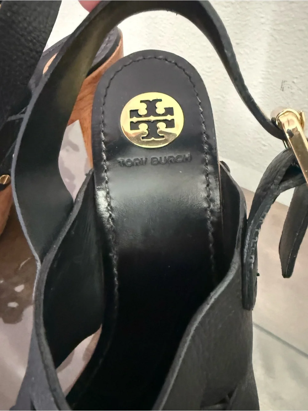 Tory Burch Black Leather Wood Platform Heels Sandals Gold Hardware 9.5